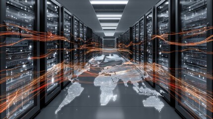 Obraz premium A supercomputer powering scientific research, with data streams flowing across a digital map of the globe.