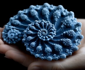 in a dark setting, the detailed object that looks like a large shell rests on a hand. the shell is a blue tone and has intricate, spiral like patterns covering its surface