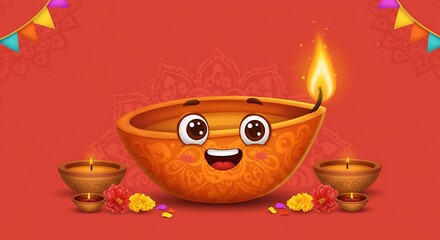 Joyful Diwali diya character lights up festive celebrations with warm glow and colorful decor