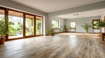 Fototapeta premium Spacious open-plan living area with large windows