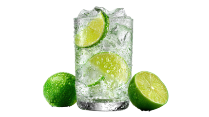 Lime Drink with Ice Cubes and Lime Slices