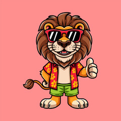 fun lion in a vacation wear sun glasses colored cartoon character isolated drawing line style sketch classic vintage design illustration