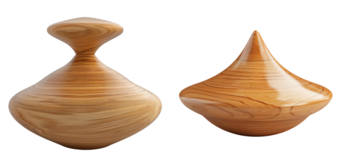 Wooden spinning tops in minimalist style isolated on transparent PNG image perfect for toy branding or childhood-themed visuals