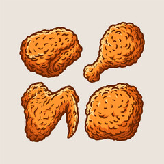 colored fried chicken compilation cartoon isolated drawing line style sketch classic vintage design illustration