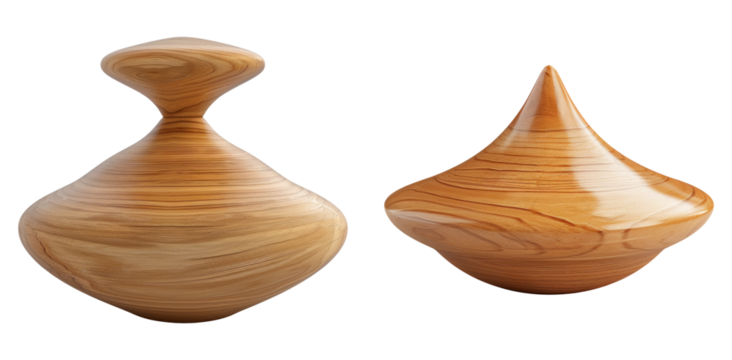 Wooden spinning tops in minimalist style isolated on transparent PNG image perfect for toy branding or childhood-themed visuals
