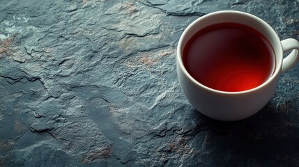 White teacup filled with dark red tea on a dark stone surface