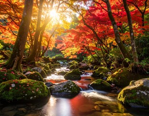Sunlit autumn stream flows through vibrant red and gold maple trees, mossy rocks lining its banks.