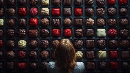 Woman gazes at a grid of colorful chocolates