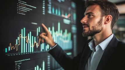 A focused businessman analyzes financial data and charts on a digital screen, interpreting trends for strategic decision-making.