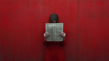 Woman in red dress, holding newspaper, against red wall