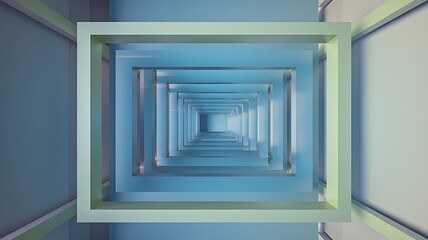 3d blue background with abstract square line pattern on wall. Relief gradient wallpaper of geometric shapes with light and shadow. Futuristic architecture design, render tech banner. 3D illustration