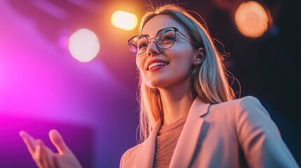 A confident woman with glasses speaks passionately under colorful stage lights, exuding charisma and engagement in a professional or public speaking setting.