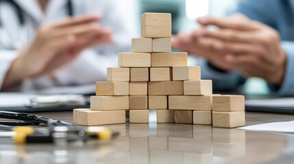 Wooden blocks pyramid on a table, medical professionals in background