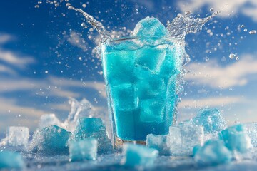 Obraz premium Refreshing blue beverage with ice splashing against sky background