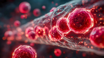 Numerous red blood cells traverse a winding blood vessel, showcasing their vital role in delivering oxygen throughout the body