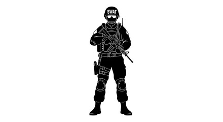 Obraz premium Standing Soldier Holding a Rifle in Black and White Silhouette