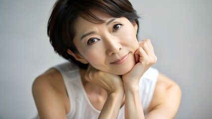 Closeup portrait of a thoughtful middleaged asian woman with her chin resting on her hands
