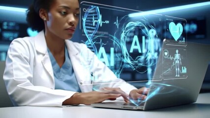 African American Female Doctor using AI Tech on Laptop DNA, Heartbeat, Skeleton Graphics Interface - Powered by Adobe
