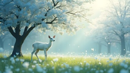 A serene white deer stands in a magical meadow under blooming, ethereal trees.