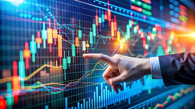 A hand points at a dynamic stock market graph on a computer screen illustrating financial analysis and trading - Powered by Adobe