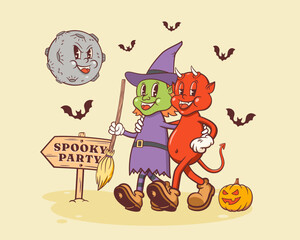 Halloween Groovy Retro Character. Cartoon Witch and Demon Walking by a Pumpkin to Spooky Party under Evil Moon. Vector Autumn Holiday Mascot Template. Happy Vintage Cool Illustration Isolated