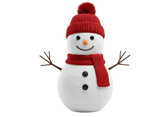 Fototapeta premium Cheerful snowman with red hat and scarf, festive winter character isolated on transparent background
