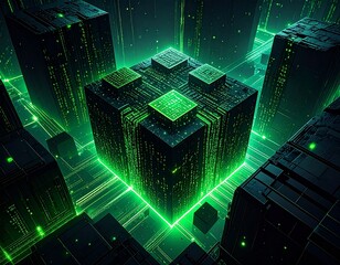 Abstract digital cube structure with glowing green lines and geometric shapes, surrounded by dark, blocky structures.