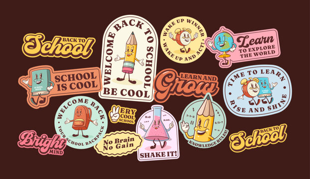 Groovy Back to School Retro Stickers Set Cartoon Alarm Clock, Pencil, Globe, Book, Apple Labels Vector Education Mascot Sticker Templates. Happy Vintage Cool Learning Personage Illustrations Isolated