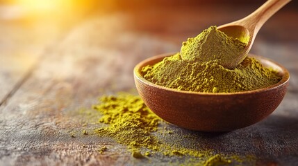 Wooden bowl of green powder, wooden spoon