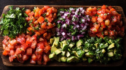 Wooden board filled with diced ingredients for salsa