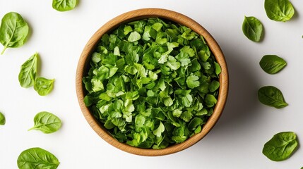 Wooden bowl of chopped green leafy vegetable, surrounded by scattered leaves