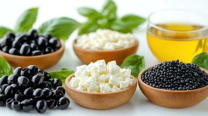 Wooden bowls of olives, feta, and black peppercorns, alongside basil and oil