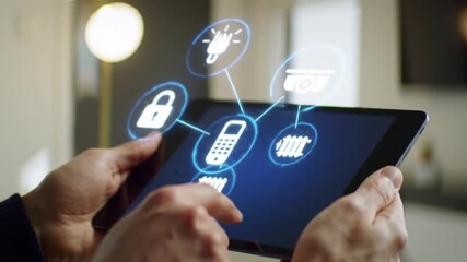 Smart Home Control on Tablet Futuristic Interface for Security, Heating, and Lighting Management. - Powered by Adobe