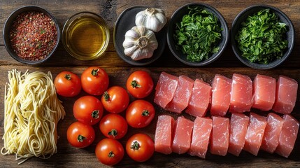 Wooden board with pasta, tuna, tomatoes, herbs & spices