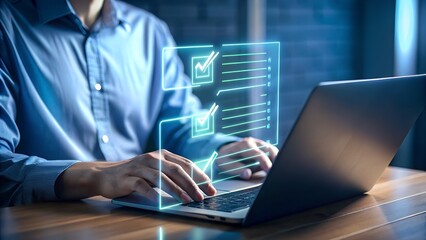 A person works on a laptop with a glowing digital checklist overlay symbolizing task management and progress
