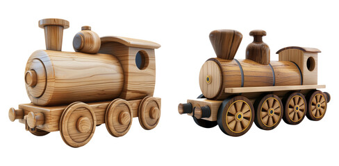 Classic wooden train locomotive toy isolated on transparent PNG image perfect for transport-themed posters or nostalgic toy visuals