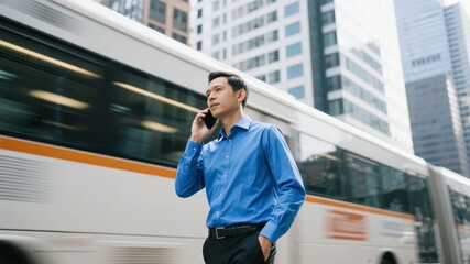 Man in blue shirt talking on phone while standing near a moving bus in an urban setting