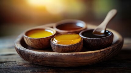 Wooden bowls of various honeys, a wooden spoon