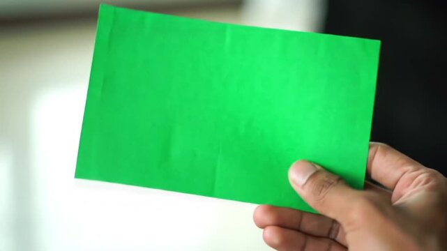 Hand holding a blank green paper card for chroma key or custom messaging.