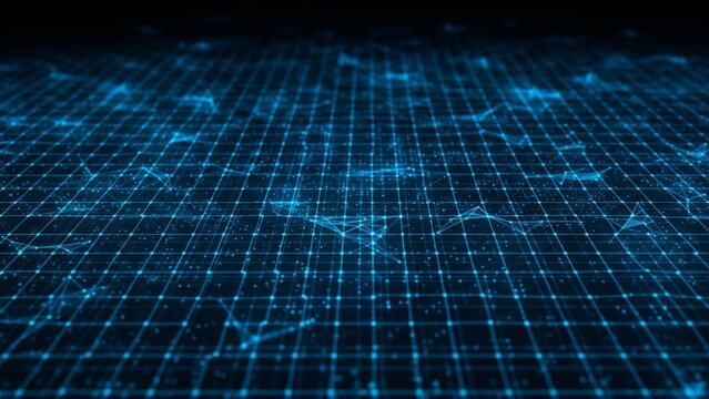 Dark Abstract Background with Glowing Blue Grid and Interconnected Nodes