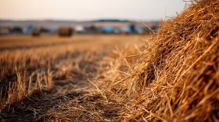 Fototapeta premium Close-up view of a hay bale in a field.