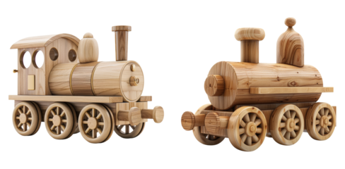 Wooden train with carriages toy set isolated on transparent PNG image perfect for playroom designs or preschool visual content