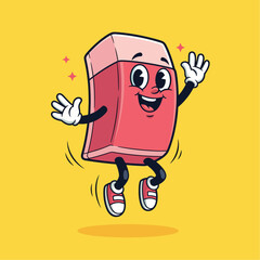 A cartoon eraser with a happy face jumping in the air on a solid yellow color background illustration