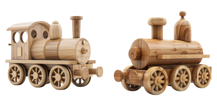 Wooden train with carriages toy set isolated on transparent PNG image perfect for playroom designs or preschool visual content