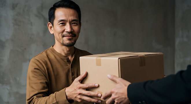 A smiling man accepts a cardboard box from another person, likely a donation or delivery