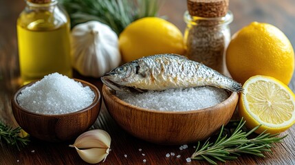 Wooden bowls of salt and a fish, surrounded by lemons, garlic, herbs, and oil
