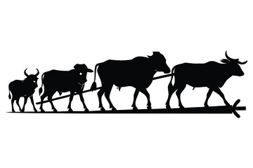  Silhouette Oxen Plowing Field – Set of 5 with Traditional Yoke, Pulling & Resting.