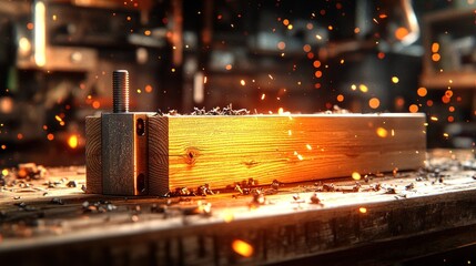 Wooden plank on workbench, sparks