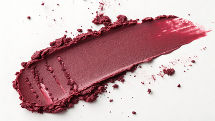 A rich, deep berry-colored cosmetic swatch, with a smooth smear and powdery crumbs on white background.