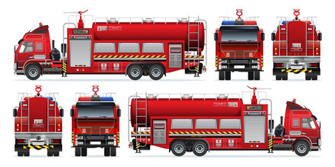 Fire engine red car truck vehicle with water cannon equipment 3D model realistic highly detailed flat vector set  illustration